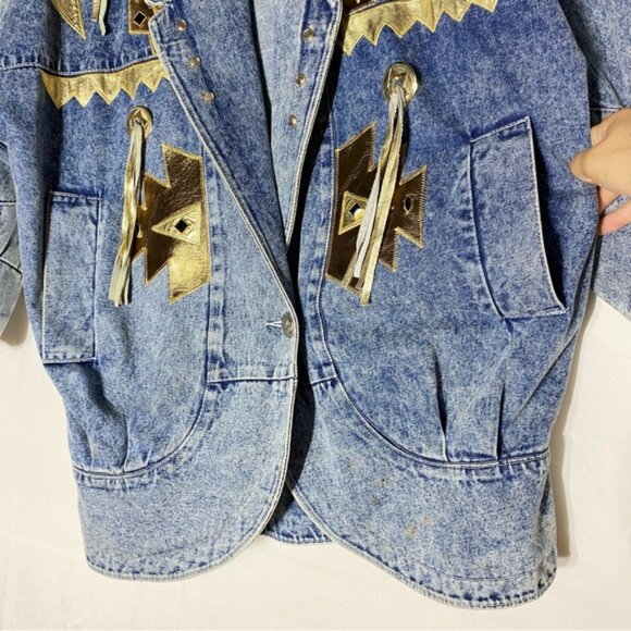 Vintage 90s Marshall Rousso Acid Wash Denim Jacket W Gold Western Accents S - Picture 4 of 16